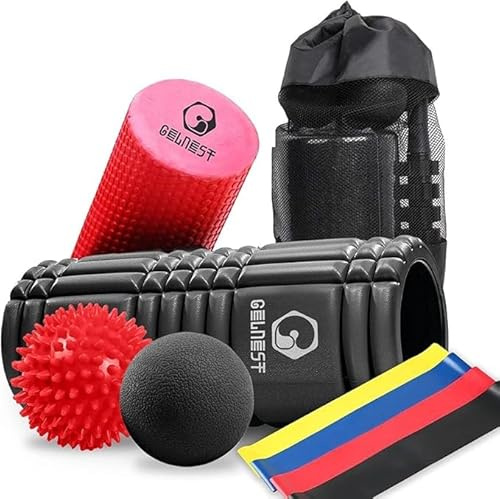 KIT de rouleaux en mousse Gelnest - Rouleau de massage 5-1 - Rouleau de massage musculaire pour les jambes - 2 rouleaux en mousse, balle de crosse Spikey et 4 bandes de résistance.