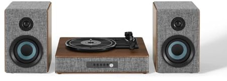 Crosley CR7020A-GY Aria Tourne-Disque Bluetooth à 3 Vitesses et système d'étagère Radio FM avec Haut-parleurs stéréo Assortis, Gris