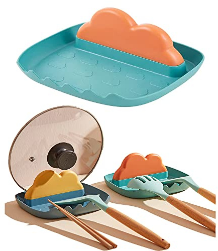 Kitchen Utensils Rest with Drip Pad, Heat-Resistant Pot Lid Holder Stand, Cooking Spoon Rest Tools, Countertop Organiser Rack for Spoon, Ladles, Tongs, Spatula, Fork, Cartoon Flatware Rest - Green