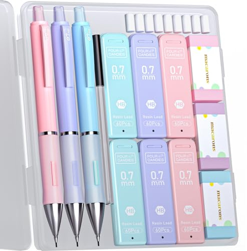Four Candies Cute Mechanical Pencils 0.7mm, Pencil Set with 360PCS Lead Refills & Pastel Erasers, School Supplies with Case
