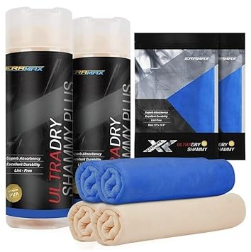 Eramax Ultra Dry Shammy - Confezione da 4 panni in camoscio super assorbente per auto (2 grandi e 2 piccoli in camoscio per auto), super assorbente, per lavare e asciugare l'auto, asciugamano