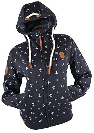 VIN TE Damen Sweat Jacke Hoodie Kapuze dick gefüttert Teddyfell Futter UNI oder mit Anker Muster M - 3XL (as3, alpha, x_l, regular, regular, Blau-21018, XL)