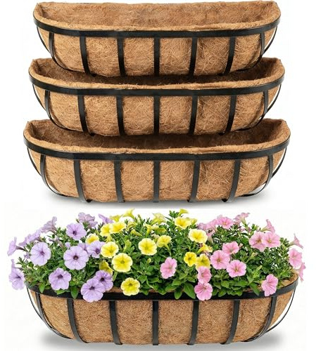 HFHOME 4 Pcs 24 Window Box Deck Railing Planter with Horse Trough Coco Liners, Black Metal Hanging Flower Planters Baskets for Indoor, Outdoor, Balcony, Porch, Fence, Patio, and Lawn