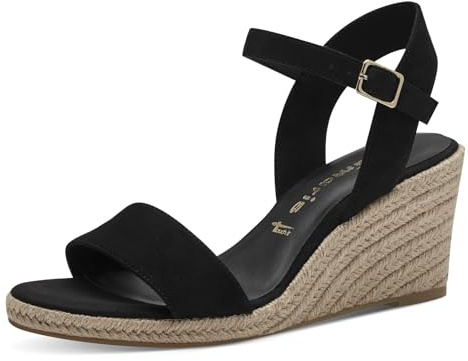 Tamaris Damen Plateau Sandalen Textil Vegan Keilabsatz Sommer; BLACK/schwarz; 38