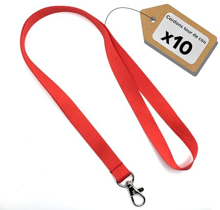 Lot de 10 Cordons Tour de Cou - Lanières de Porte Badge - pour événement, entreprise, groupe (Rouge)