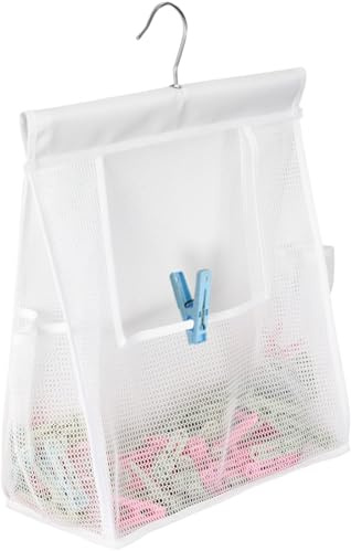 ALYER Clothpin Storage Bag with Hanger,Multipurpose Hanging Shower Basket Holder with a Large Opening (Pure White)