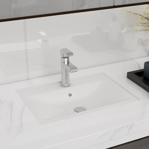 Gecheer Keramik Waschbecken mit Hahn-/Überlaufloch Einbauwaschbecken Hängewaschbecken Keramikbecken Waschschale Waschtisch Waschplatz Handwaschbecken,für Badezimmer Waschraum, Weiß Rechteckig