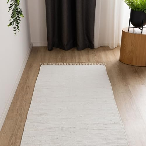Interiyou Tappeto cotone Toledo - 70x200 cm Bianco - Tessuto artigianale con frange per salotto, camera, stanza bambini, pranzo, cucina o corridoio