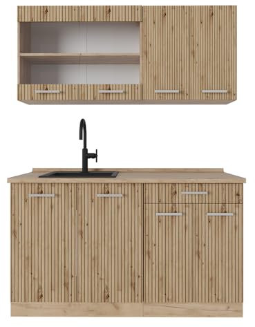 Vicco Singleküche R-Line, Artisan-Eiche/Goldkraft Eiche, 140 cm ohne Arbeitsplatte, geeignet für freistehende oder wandnahe Montage
