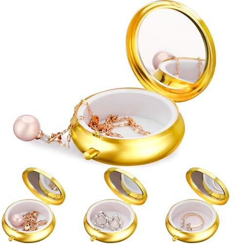 Aphlos Mini Travel Jewelry Box with Built-In Mirror, Ultra-Portable Jewelry Holder for Rings, Necklaces, Earrings, Pills, Tea Bags, Small Accessories, Press-to-Open Multifunctional Storage (Gold)