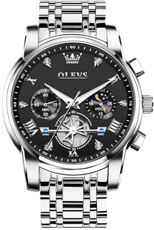 OLEVS Großes Analog Herrenuhren Metallarmband Quarz Edelstahl Herren Armbanduhr mit Mondphase Leuchtende Chronograph Wasserdicht Uhr Geschenke für Männer