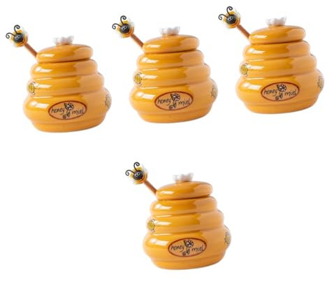 DECHOUS 4sets Ceramic Honey Storage Jar with Lid and Stirring Stick Lidded Honey Container for Home Use for Syrup and Jam Keeps