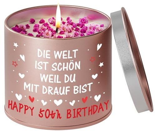PRSTENLY 50 Geburtstag Frau, 9OZ Lavendel Duftkerze | Geburtstagsgeschenk für Frauen, Geschenke für Frau Mama Beste Freundin Schwester Tochter zum 50. Geburtstag