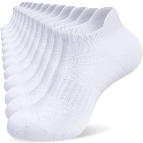 SockWaddles Trainer Socks for Men Women, Anti-Blister Cushioned Ankle Running, Breathable Cotton Sports, 6 Pairs White 6-8