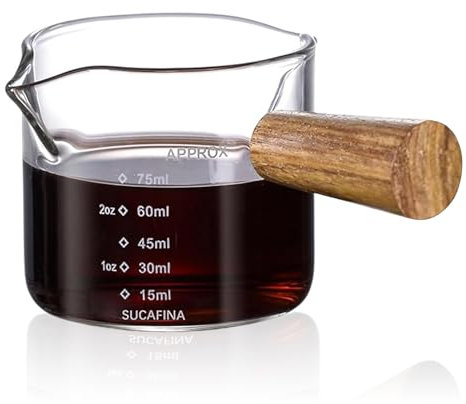 Amexo Bicchierini da Caffè Con Beccuccio Doppio, 75ml Bicchiere Dosatore per Espresso, Icchiere Dosatore Doppio con Manico in Legno, Dosatori Tripla Brocca per Latte per Espresso, Cucina, Ristorante