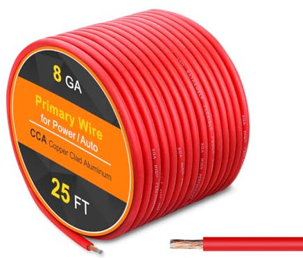 8 Ga Amp Wire, 25FT Red Color Automotive Power Cable for Car Audio System Amplifiers, 8 AWG Silicon Flexible Soft Amp CCA Battery Cable Wire Automotive Power/Ground RV, Trailer 12V 24V