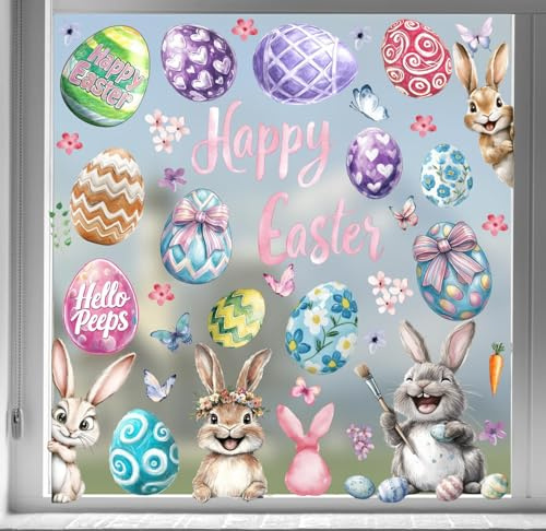 WOFEU Fensterbilder Ostern, 9 Blätter Selbstklebend Fenstersticker Oster Aufkleber, Fensterdekoration Frühling Hasen Küken Ostereie Wiederverwendbar für Kinderzimmer Ostern Deko