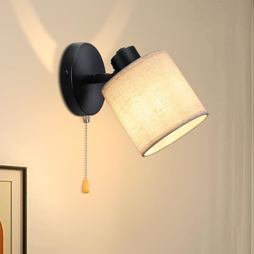 Winverty Pull Cord Wall Lights Bedroom with Switch Beige E27 Bedside Lamp | Wall Sconce with Pull Cord Switch, Black Metal Base, Linen Fabric Lampshade, Vintage Lamp for Living Room, Bulbs not included
