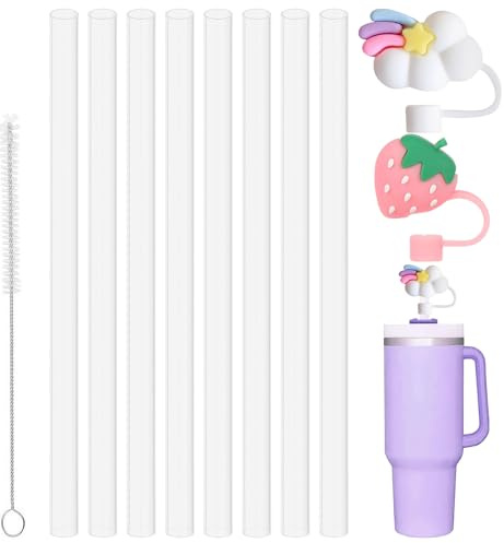 Byitin 8 Pajitas Plástico para Stanley Cup 30/40oz Sin BPA, Pajita Reutilizable con Cepillo de Limpieza y Funda de Silicona, Pajitas de Repuesto para Otras Tazas