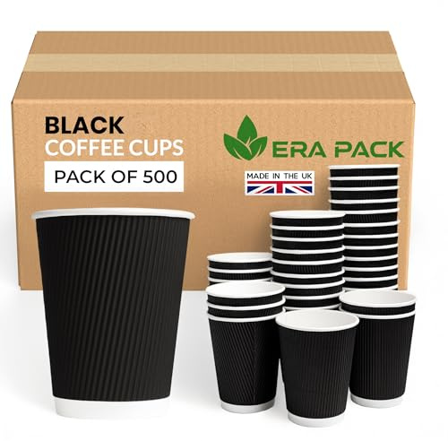 ERA PACK 500 x 12oz Ripple Black Paper Cups - Strong 3-PLY Disposable Cups - Leak-Proof Recyclable Design, Insulated Coffee Cup for Hot Drinks, Tea, and Hot Beverages (500)