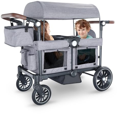 Kinder King Folding Wagon Stroller for 2 Kids, All-Terrain Baby Stroller Wagon Outdoor, Removable Canopy 2 Seater, Adjustable Handle, Shock-Absorbing Wheel, Detachable Tray, Parent Organizer, Gray