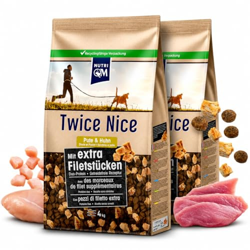 NutriQM® Twice Nice Adult Pute & Huhn 2 x 4 kg | Hundefutter trocken getreidefrei | Mit 520 g Filetfleisch pro kg | Proteinreiches Trockenfutter für ausgewachsene Hunde | Mit Omega 3 | Made in Germany