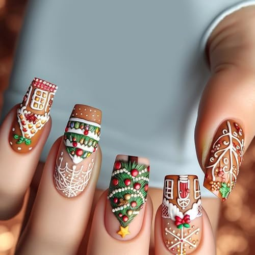 Festive Lot de 24 faux ongles à presser en acrylique durable pour fêtes de fin d'année, événements de Noël, Nouvel An