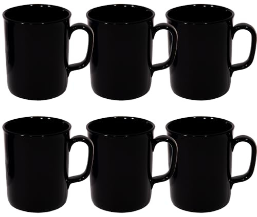 Black Plastic Mugs 275ml UK Made Ceramic Looking Pack of 6, Lightweight Durable Coffee Cups with Handles, Dishwasher Microwave Safe, Camping, Picnic, Ideal for Children
