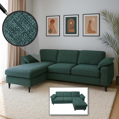 Mendler Divano con penisola HWC-O71, divano angolare L, tessuto (320 g/m²) legno 84x229x140cm - grigio-verde