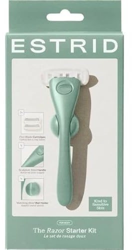 Estrid Rasierer jade Starterset, Damenrasierer Set mit 5-Klingen-System, Veganer Feuchtigkeitsstreifen, 2 Ersatzklingen, Wandhalterung, Grün