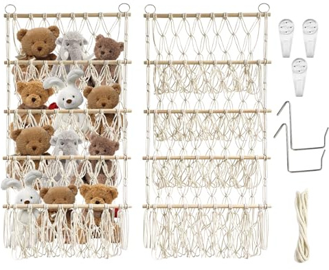 Kuscheltier Aufbewahrung, 4 Lagen Plüschtier Kuscheltiere Aufbewahrung Netz | Boho-Macramé Hängematte mit 2 Haken, Kinderzimmer Deko für Plüschtiere und Teddybären