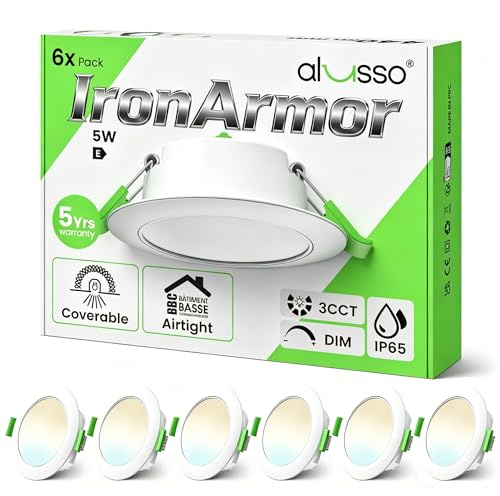 ALUSSO Metall LED Einbaustrahler 230V Dimmbar, Deckenspots Badezimmer Spots | 68-75mm 5W 550lm IP65 3CCT, ultraflach 27,7mm, Luftdicht Isolierung Abdeckbar, IC Rated, Weiß, 6er Set