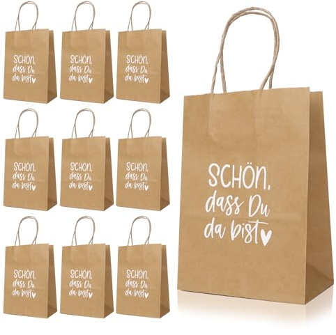 10 Stück Papiertüten mit Henkel Schön dass du da bist, 15x8x21cm Kraftpapier Geschenktüten Geschenke Mitgebsel für Party Hochzeit Geburtstag