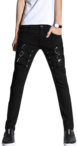 Idopy Men`s Punk Gothic Night Club Party Buckles Motorcycle Pants Jeans Black 30