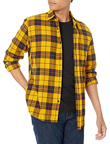 Amazon Essentials Men's Long-Sleeved Flannel Shirt, Yellow Plaid, XL