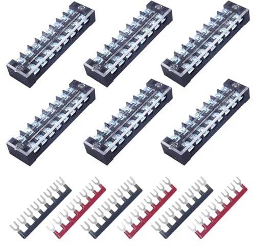 CEEYSEE 12pcs(6 Sets) 8 Positions Dual Rows Covered Screw Terminal Block 600V 25A + 6Pcs 8 Positions Pre-Insulated Black/Red Fork Terminal Barrier Strip 400V 25A (TB2508)