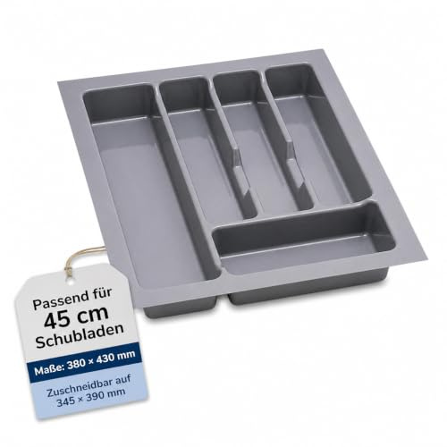 ALUSFERA Besteckkasten für Schubladen 45 cm – Schubladen Organizer mit Fächeraufteilung – Hochwertiger Schubladen Organizer Küche für Mehr Ordnung – Anpassbar und leicht zu reinigen -380x430mm Silber