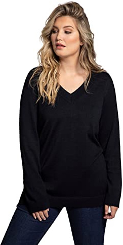Ulla Popken Maglione da Donna, Scollo a V, Maniche Lunghe, Morbido Maglia fine, Blu Marino, 56-58