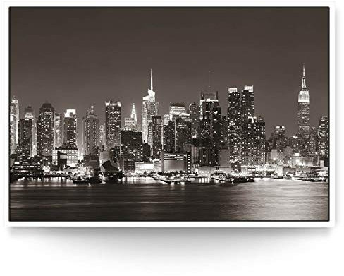 Wandbild Skyline New York Manhatten Night - 150cm x 100cm Leinwand auf 2cm Keilrahmen mit Schattenfugenrahmen weiß