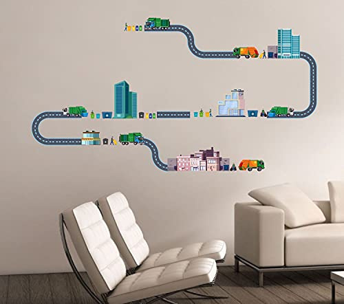 The City - Trash Trucks Solid Waste Collection Vehicle Vinyl Wall Decal Kids Bedroom Living Room - Multicolored Garbage Trucks Design Garbage Collectors Roads & Buildings Wall Stickers 23.9 X 21.4