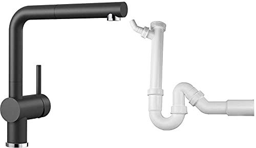 Blanco Linus-S Küchenarmatur, anthrazit-schwarz, 516688 & Siphon, Geruchsverschluss für die Küchenspüle, passend für alle BLANCO Spülen, mit Anschluss für Spülmaschine oder Waschmaschine