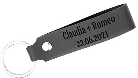 Tidero Schlüsselanhänger Leder mit Wunschgravur ZWEIZEILIG – personalisiert Wunschtext Gravur individuell – Geschenk Weihnachten für Männer Frauen Name Datum – Handmade in Germany – Grau