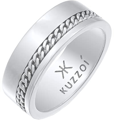 Kuzzoi Herrenring 8 mm Bandring Männer mit Panzerketten Element 925 Silber | Breiter Silberring poliert Ring für Herren Ringgröße 60 - 66