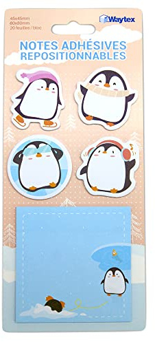 WAYTEX 931666 - Lote de 100 notas adhesivas reposicionables, diseño de animales lindos en soporte de exhibición con 4 minibloques en forma de pingüinos y 1 bloque cuadrado de 8 x 8 cm impreso pingüino