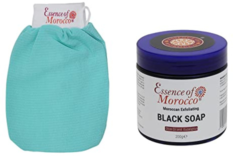 Marokkanischer Peeling-Handschuh, blauer Scheuerhandschuh mit natürlichem Eukalyptus, Olivenöl, Peeling, schwarze Seife, Spa, Savon Noir, 200 g, Beldi Hammam Spa Pack