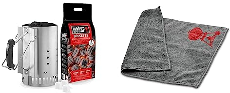 Weber Rapidfire? Barbecue Chimney Starter Set | Aluminium BBQ Fire Starter Set | Charcoal Briquettes and Firelighters Included & Microfibre Cloth | Large Microfibre Cleaning Cloth