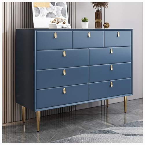 MKYOKO Moderne 9 Schubladen Holzkommode Breite Kommode mit großen Schubladen, Aufbewahrungskommode Schrank, für Wohnzimmer, Flur, Schlafzimmer 47.2 L x 13.7 W x 31.5 H,Blau