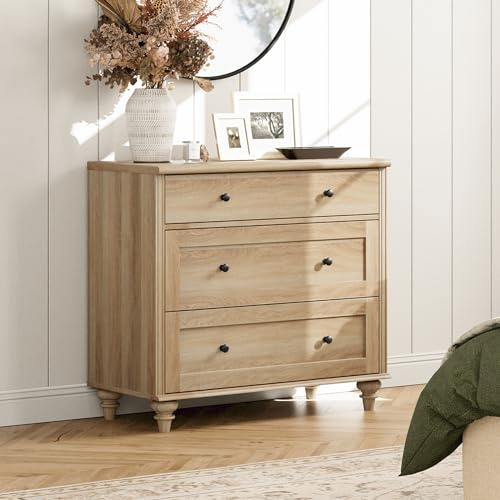 WAMPAT Dresser for Bedroom with 3 Drawers, Oak Kids Dressers with Wide Chest of Drawers, Mid Century Modern Wooden Closet Storage Organizer, Small Dressers for Nursery, Hallway, Living Room
