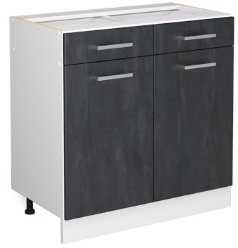 Vicco Küchenunterschrank R-Line, Schwarz Beton, 80 cm | 2 Schubladen · Ohne Arbeitsplatte · Höhenverstellbare Füße · 2 Türen · ✓ Leichter Zugriff