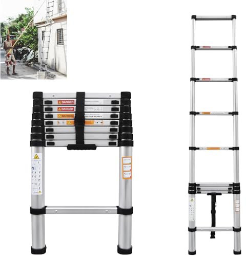 2.6M/8.5FT Telescopic Ladder Multi-Purpose Stainless Steel Extension Ladder Telescoping Ladder Extendable Anti-Slip Loft Ladder Collapsible Ladder Portable Folding Ladder, Max Load 150kg/330lb